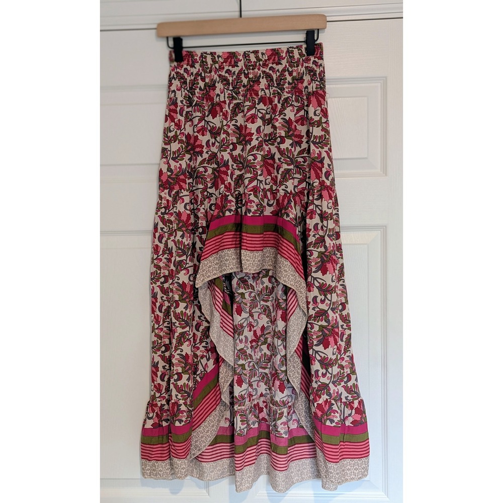 BTFBM Womens Floral High Low Maxi Skirt Pink Green Smocked Waist Boho Size S